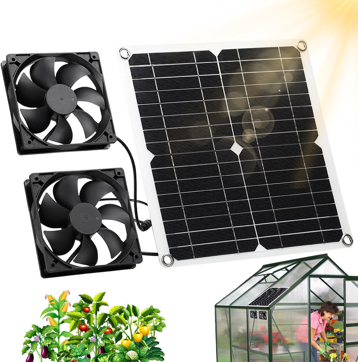 Ventilator - Afzuigventilator - Zonne-energie Ventilator - Ventilatie Voor Kassen - 12W Paneel - 2 Stuks - 280x280 mm - Waterdicht IP65 - Voor Kippenhok Schuur en Kas - Buitenlucht