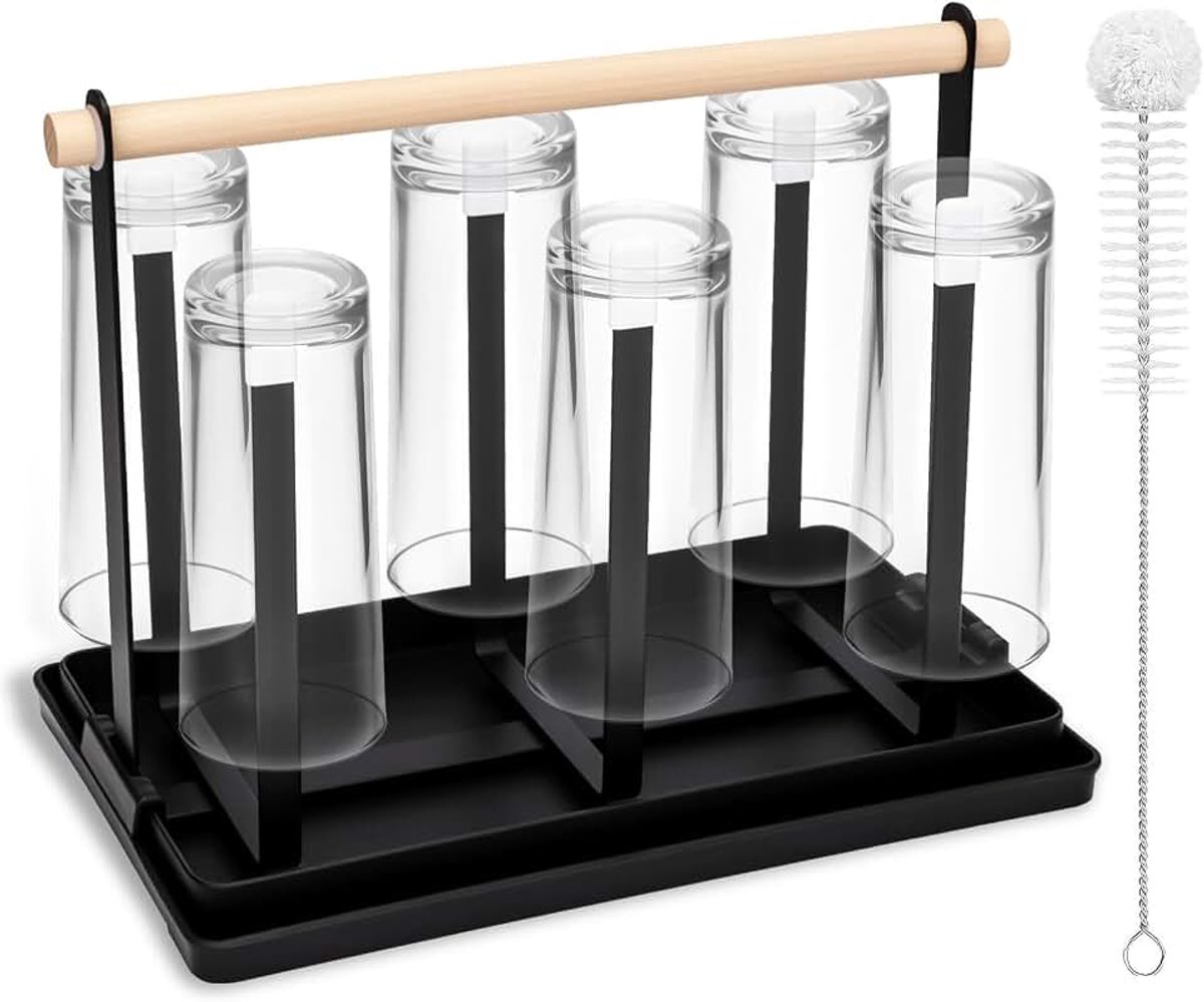 ​​BBWELL 6-Flessenhouder,​​Stevige ​​Flessendroger​​ met houten handgreep & schoonmaakborstel,inclusief ​​afneembare zwarte druipbak​​ voor flessen/tassen/koffiebekers (hout/metaal)
