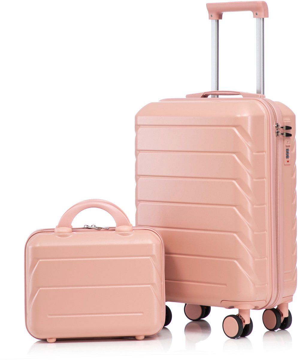 Kofferset Roze - 2-Delige Hardcase Koffer met Beautycase - Cijferslot - 360° Wielen - Reizen - 55cm - Roze