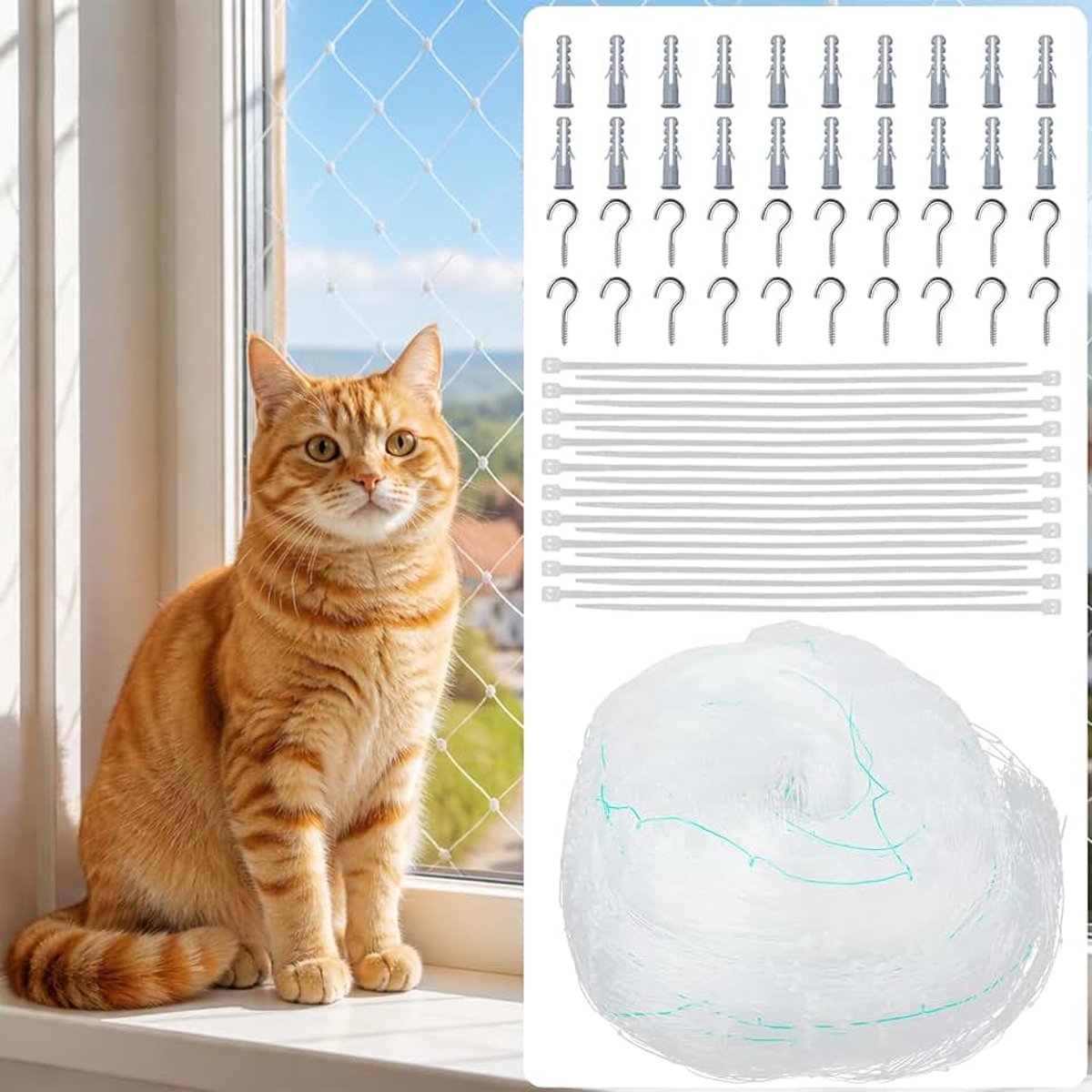 Kattennet voor balkon, 6 x 3 m, balkonnet voor katten, zonder boren, wit | Robuust, bijtvast en uv-bestendig, met kabelbinders en schroefhaken