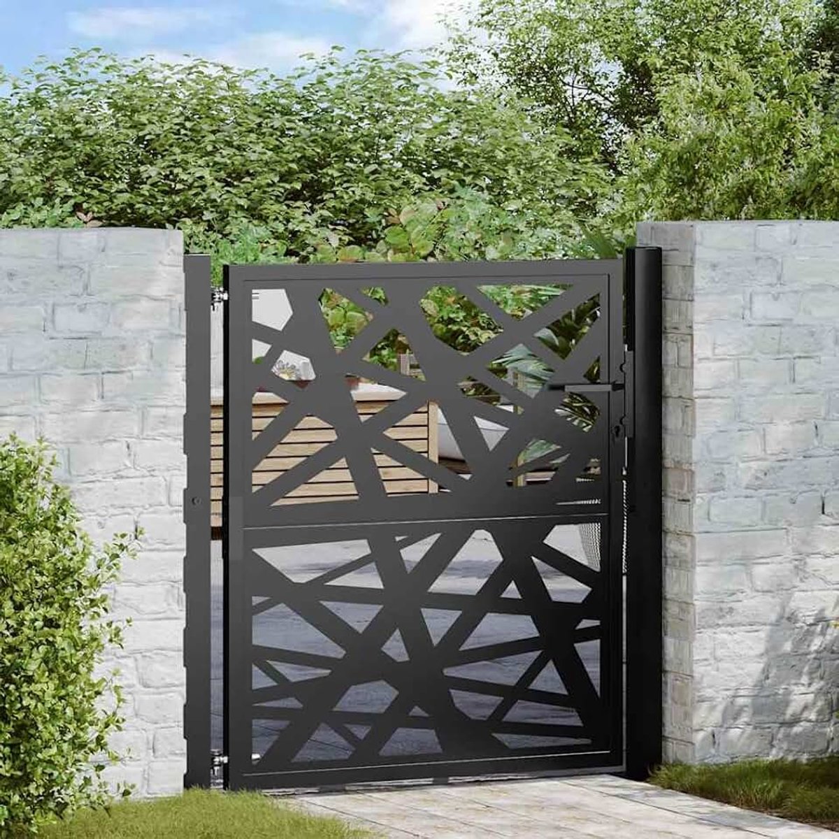 Enkele poort voor de tuin, buiten, van staal, zwart, lichtgevend design, 105 x 106 cm, poort voor hek, stalen poort, enkele poort, tuinpoort voor buiten