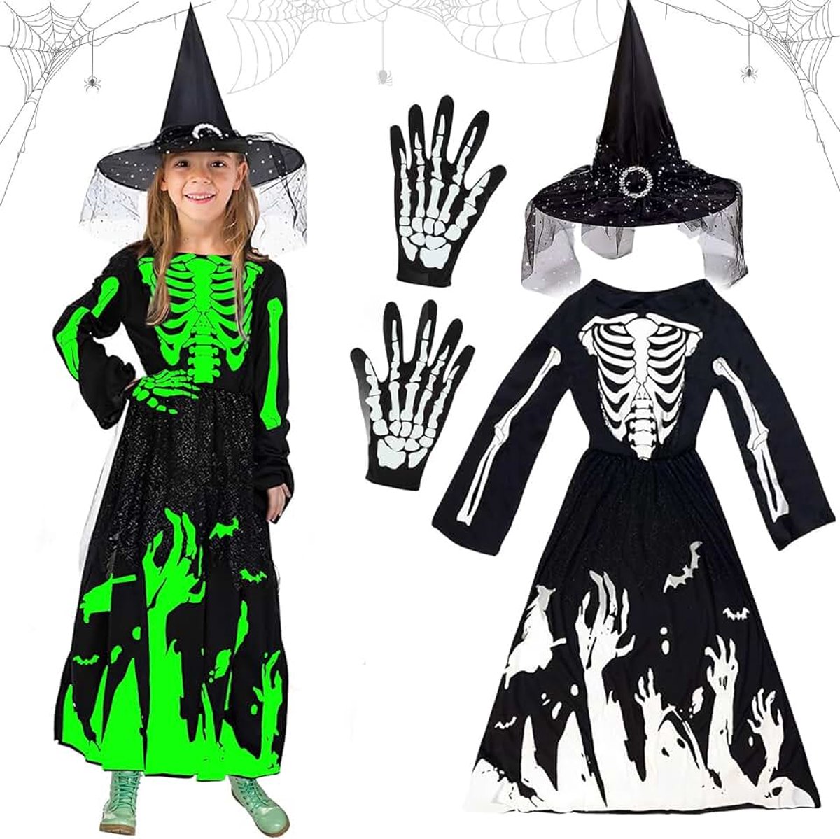 Kostuum meisje, prinses skelet kinderen, Halloween handschoenen en hoed, heks kostuum voor carnaval cosplay