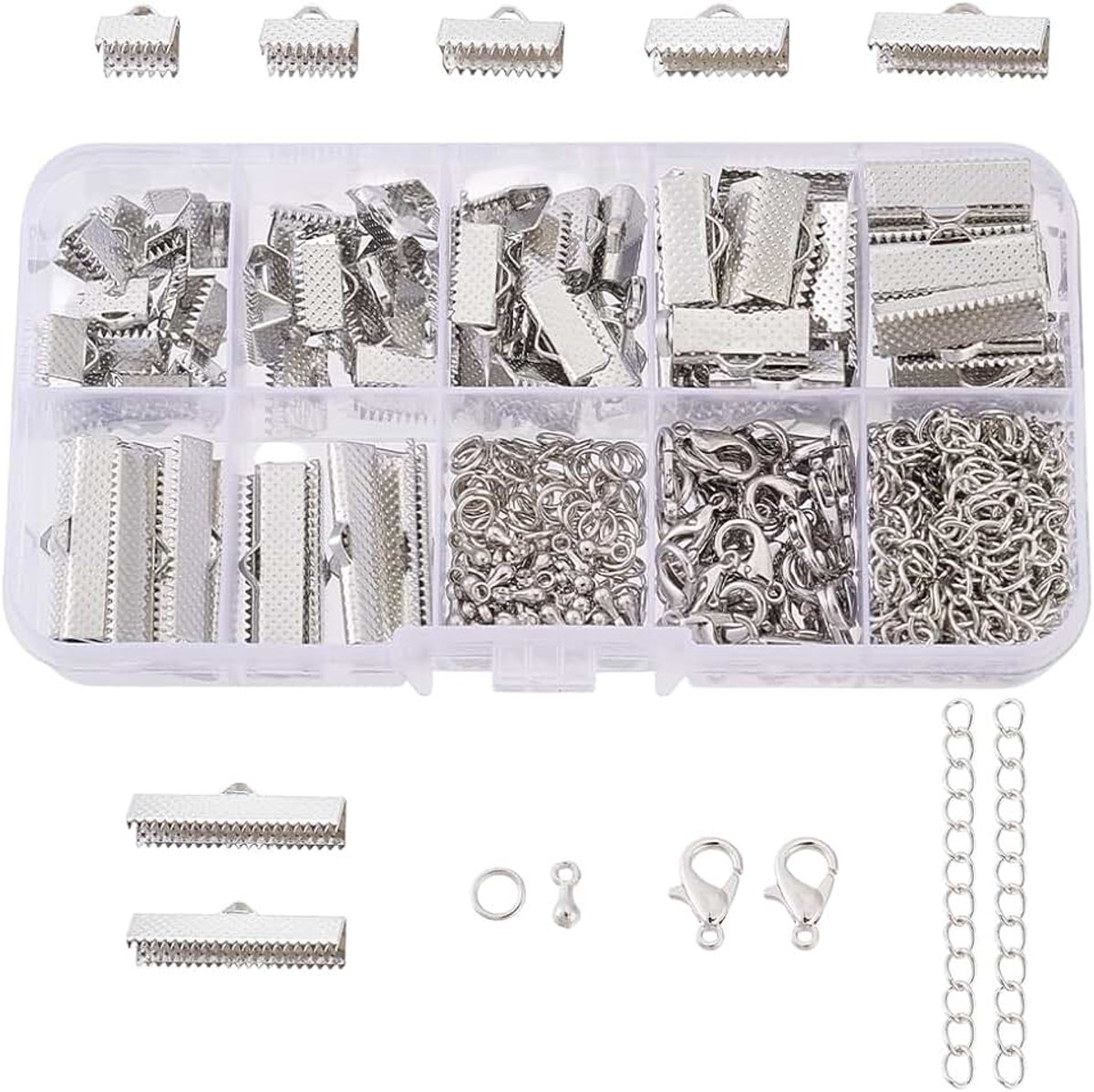 Elite - Jewelry accessoireset Iron Ribbon End karabijnsluiting Jump Ring Junction Ring Torsion Extension kettingen voor het maken van sieraden, Platinum