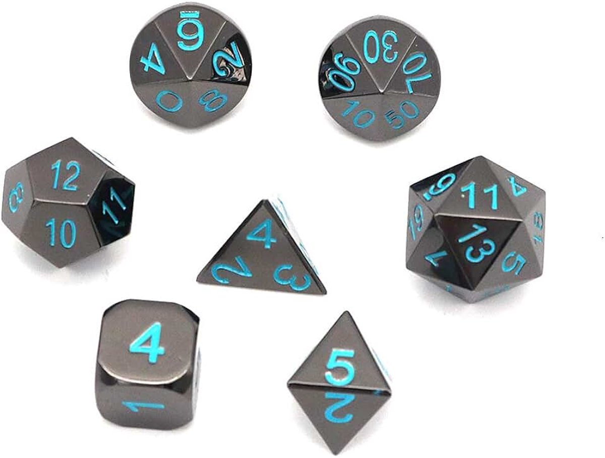 7-delige DND-spel polyedrische D & D-dobbelstenenset van massief metaal met opbergzak en zinklegering met emaille voor rollenspel-dungeons en draken (antieke zwarte achterkant)