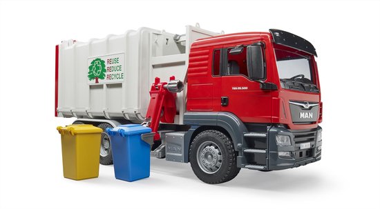 Vuilniswagen met opdruk 'Reuse Reduce Recycle'. Inclusief gele en blauwe afvalbak.