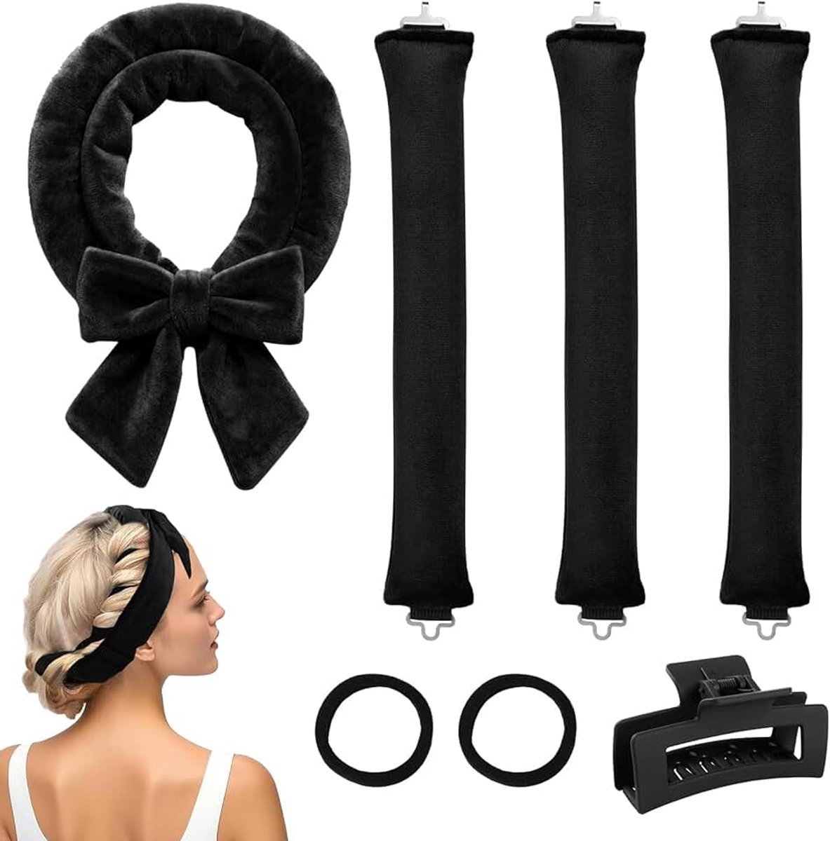 Krultang zonder hitte, krultang met haken, Heatless Hair Curler hoofdband, tang en elastieken, zacht, zonder schade voor lang of kort haar, zwart