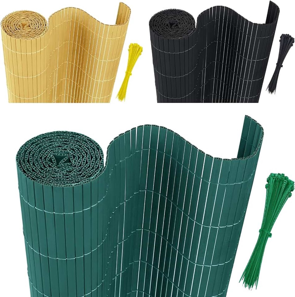 Zichtwerend scherm van pvc, 180 x 1000 cm, met kabelbinders, standaard, inkijkbescherming, bamboe, windscherm, voor tuin, balkon en terras, interne W-structuur, versterkte lamellen (groen)