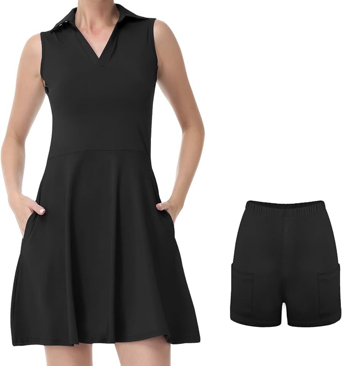 Tennisjurk voor dames, sportjurk met shorts, polo-jurk met zakken, mouwloze golfjurk