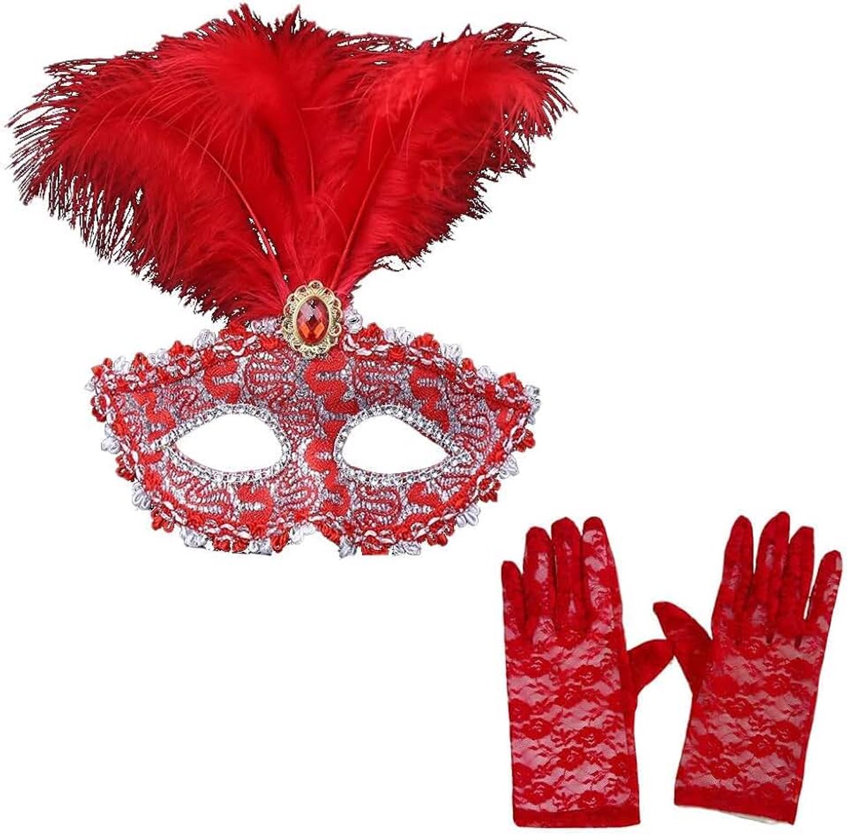 Masker Dames Venetiaans Oogmasker Met Veren Kanten Handschoenen Set Balmasker Carnaval Masker Feestaccessoires Voor Gala Verkleedfeest Gemaskerd Bal