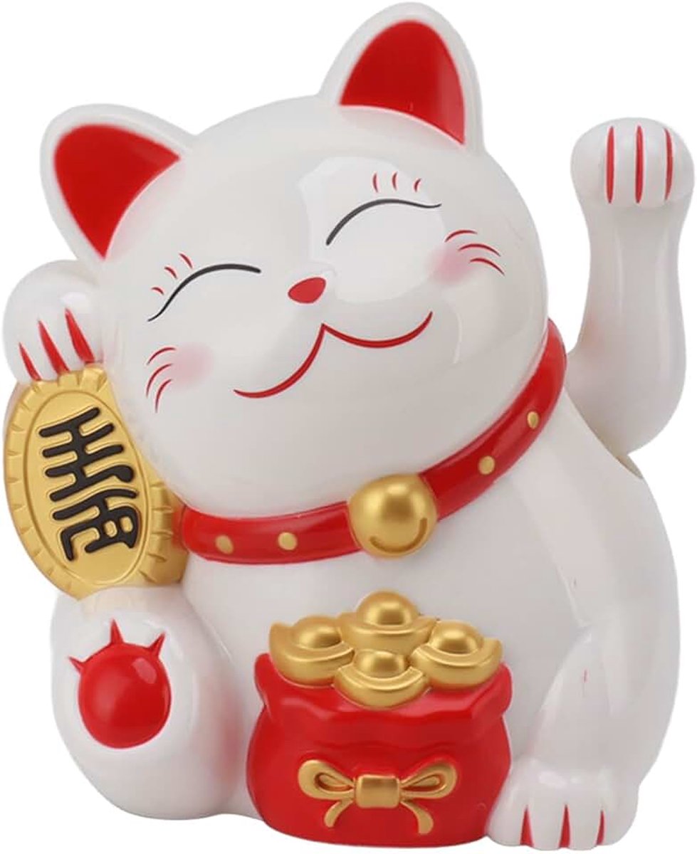 Fortune Cat, 5,5 inch Lucky Cat Waving Arm, batterij aangedreven Fortune Cat standbeeld decoraties symbool voor fortuin geld en geluk Fengshui Lucky Cat voor winkels, restaurants (MLY11020-1 wit)