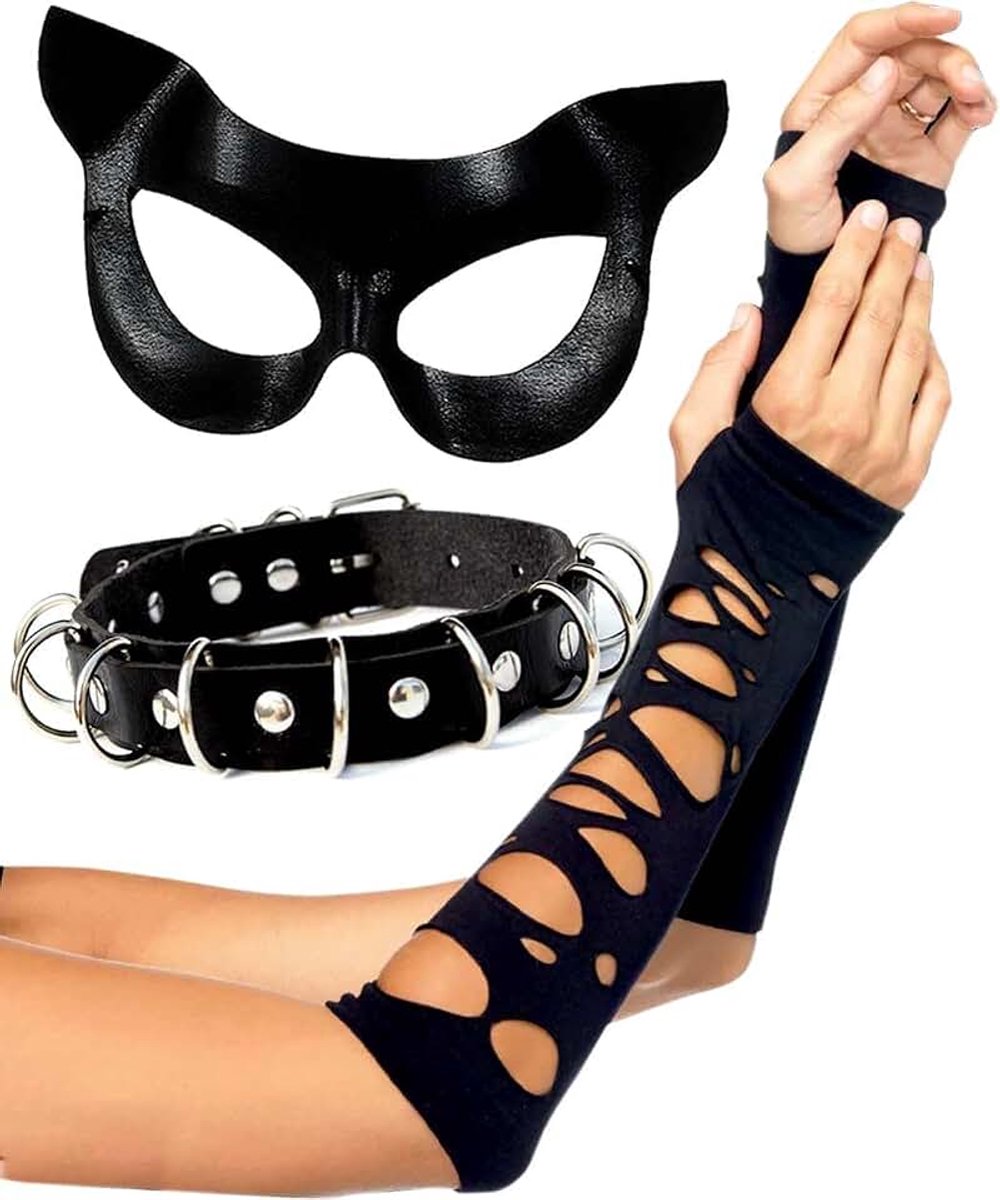 Woman Kattenkostuum, 3-delige set kattenkostuum voor dames, kinderen, halsketting, masker, handschoenen, kattenvrouwenkostuum, accessoires, maskerademaskers, Halloween, carnaval, cosplay
