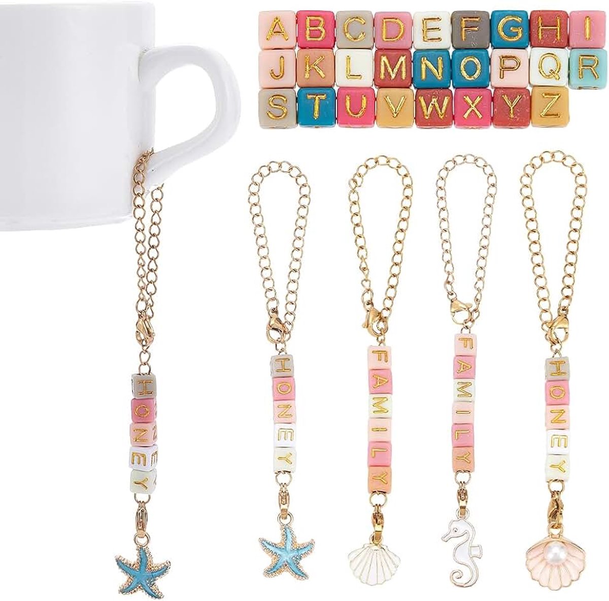 Bedels sets beker bedels bulk letters kralen emaille strand oceaan zeester zee schelp zeepaardjes hangers water beker handvat ketting voor mokken water tuimelaars