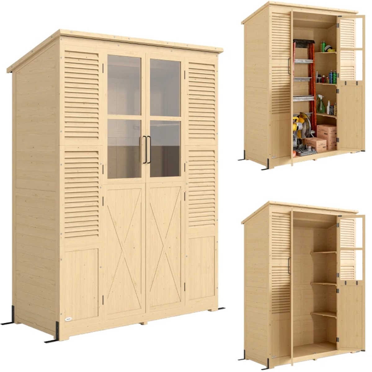 Tuinkast - Opbergkasten met deuren - Tuinhuis - Schuur - Voor buiten - Gereedschap - Naturel hout - Hout