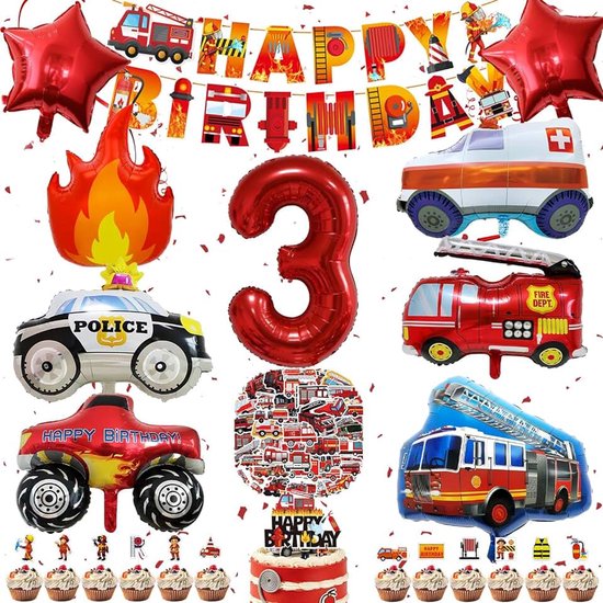 Brandweerverjaardagsdecoratieset met brandweerauto, verjaardag, folieballonnen, cijferballon en brandweer, taartdecoratie voor het perfecte brandweerautofeest (3)
