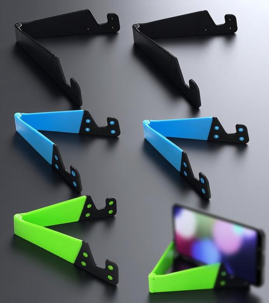 Huis Geluk set van 5 opvouwbare telefoonstandaards - universele driehoekige telefoonhouder voor smartphone en tablet - zwart, groen en blauw - draagbaar en stabiel