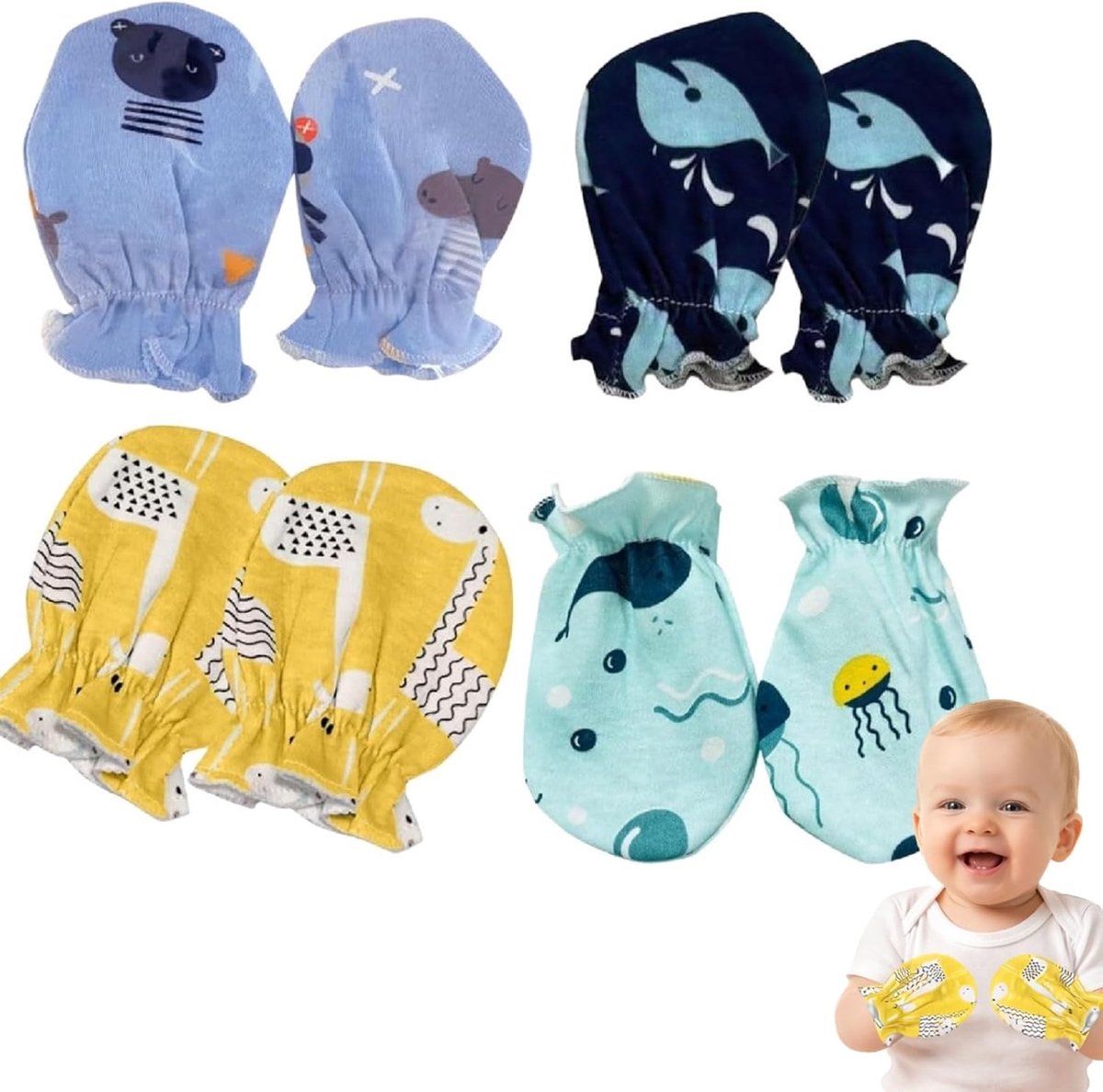4 paar babywanten voor de zomer, dunne en ademende katoenen handschoenen voor pasgeborenen, krasbestendig, met diermotieven, cadeau voor baby's, voor jongens en meisjes