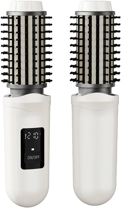 Witte draadloze stylingborstel, voor- en achterkant, met digitale temperatuurweergave.
