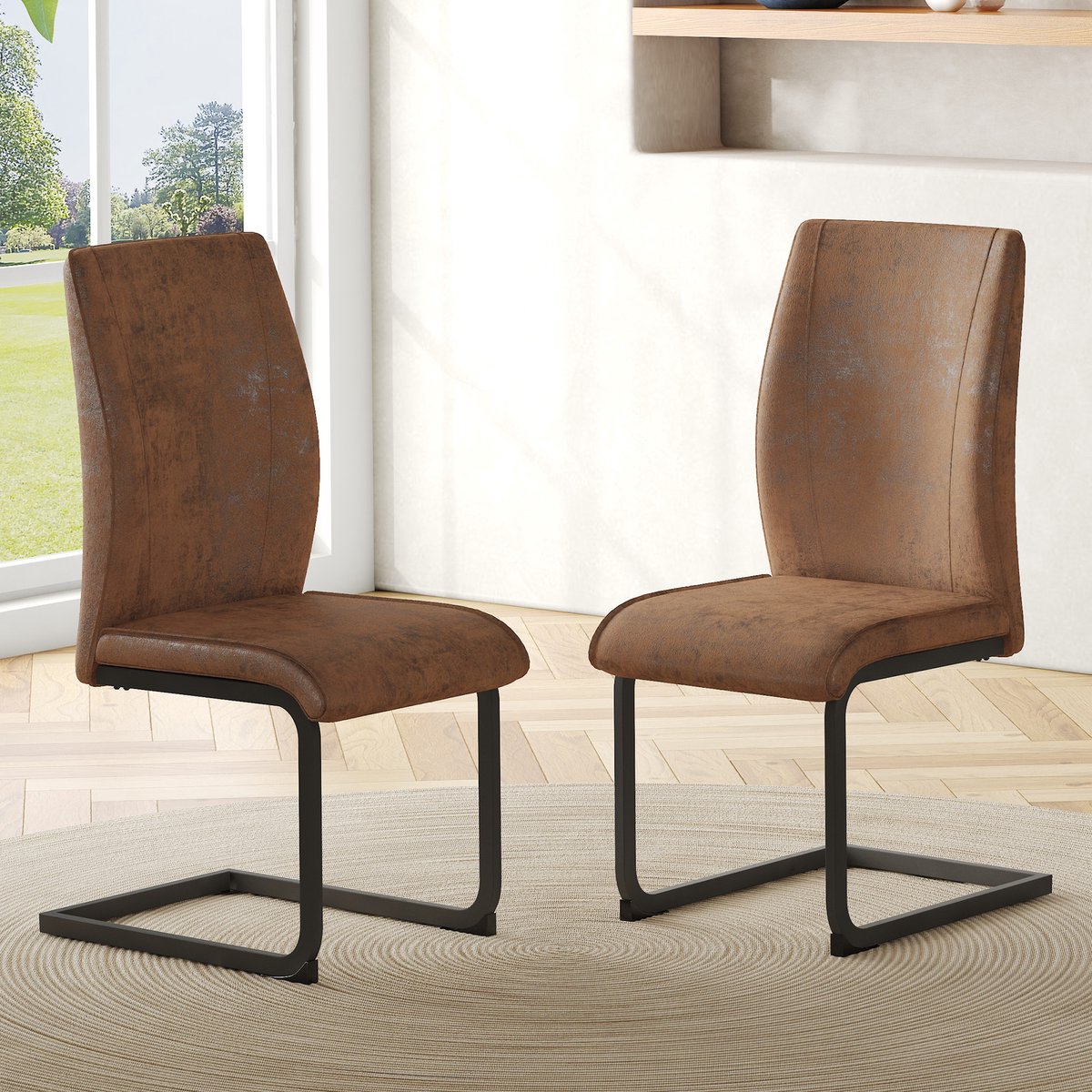 Clruro Eetkamerstoelen - 2 Stuks - Ergonomisch en Gewatteerd - Techstof en Metaal - Bruin/Zwart