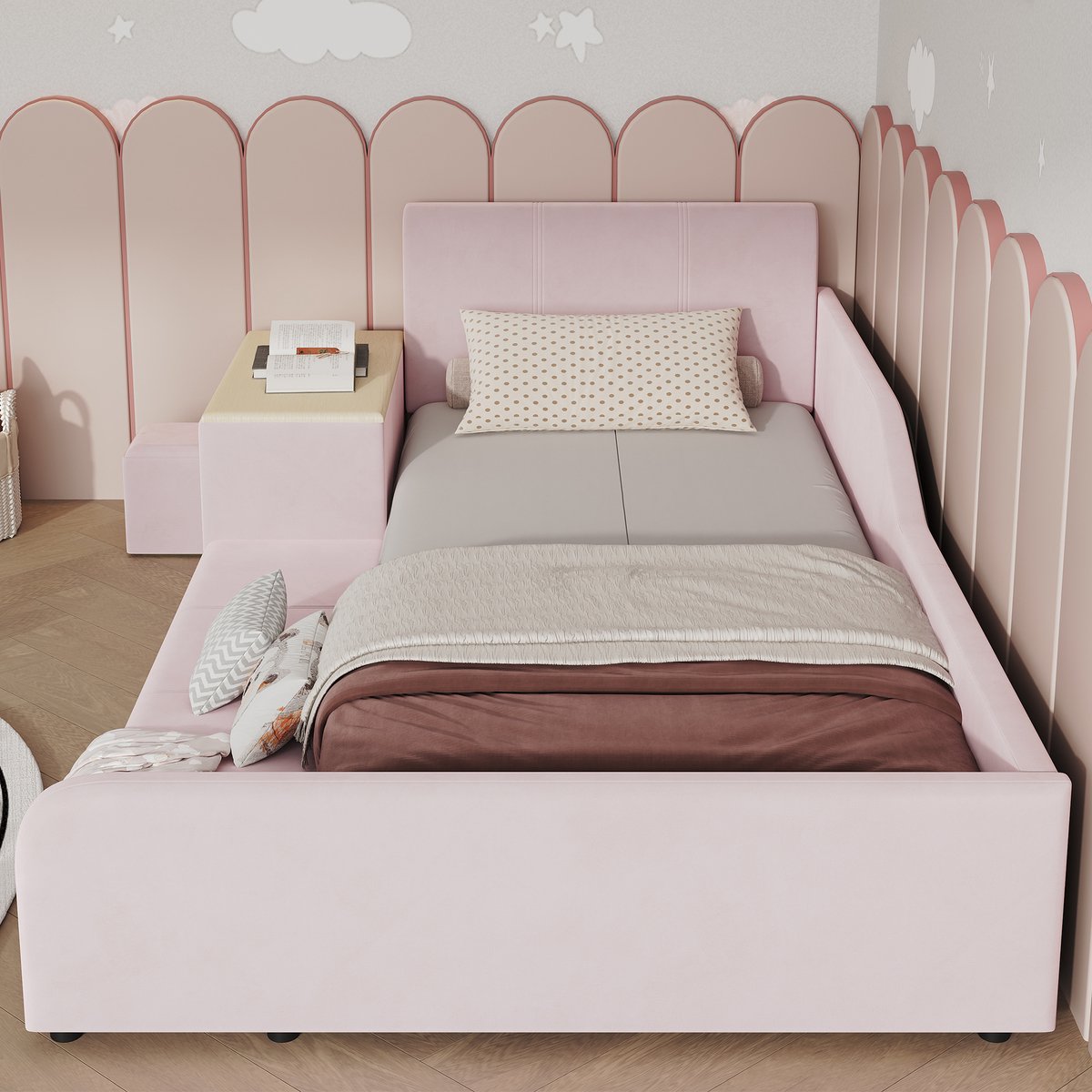 Gestoffeerd bed 90x200 cm - met kinderbureau en krukje - met opbergplank - kinderbed - roze
