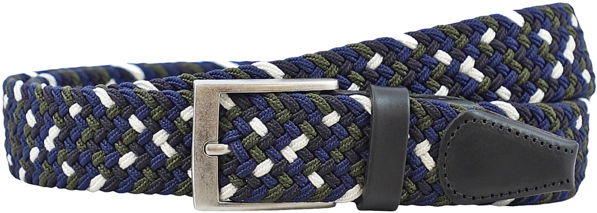 Houtkamp Elastische Riem Zwart / Blauw / Groen / Wit – Gevlochten Stretch Broekriem met echt Leer – Riem zonder Gaatjes – Dames & Heren - Lengte totaal 120 cm / Riemmaat 105
