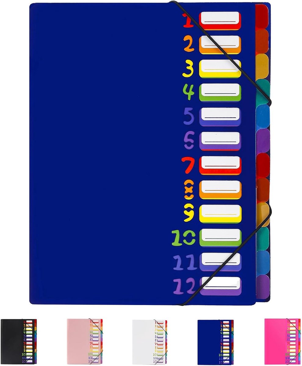 Uitbreidbare A4-documententas met 12 vakken, kleurrijke waterdichte organizer, geschikt voor school- en kantoorbenodigdheden (blauw).