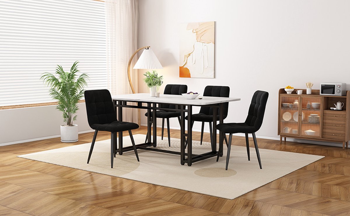 Eettafelset - complete set met 1 eettafel en 4 stoelen - tafel 120 x 70 cm - rond - mdf, fluweel - zwart - voor keuken of eetkamer