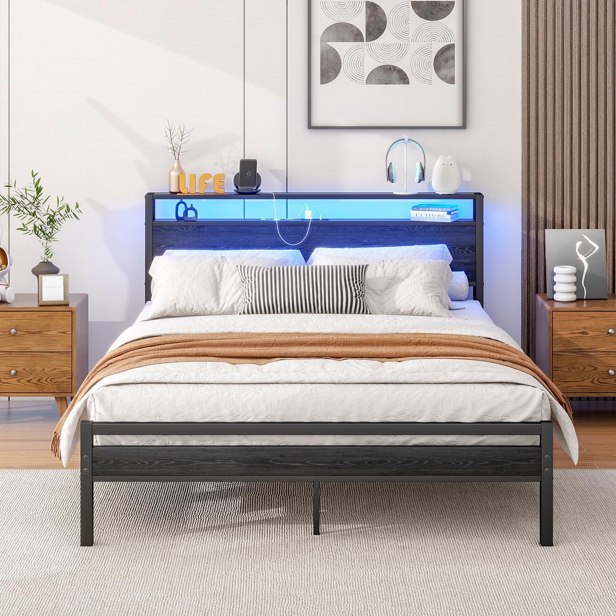 Smart Bed 140x200 - Met USB Type-C En LED Verlichting - Opbergruimte - Zwart