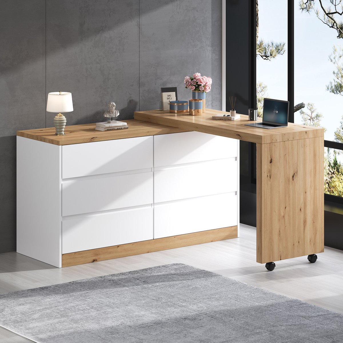 Schreibtisch mit Rollen - 360° Drehbar Faltbar - Eiche/Weiß - 120x50x78 cm
