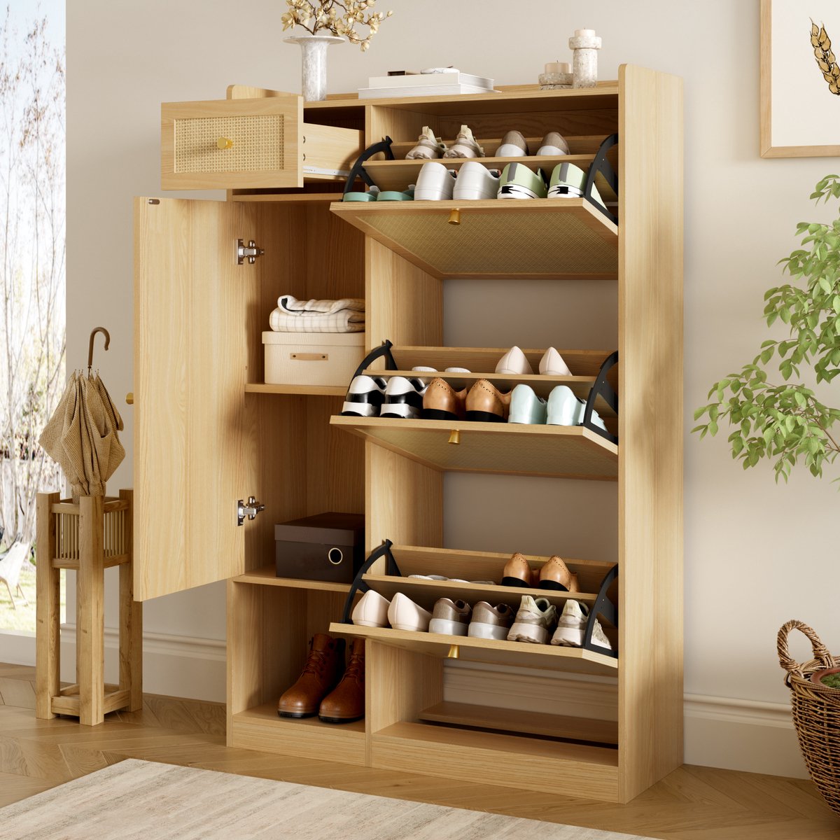 Rattan-Schuhschrank Met Klappen Schublade - Multifunctioneel Meubelstuk 80,5 x 25 x 125 cm - Natuurlijke Stijl