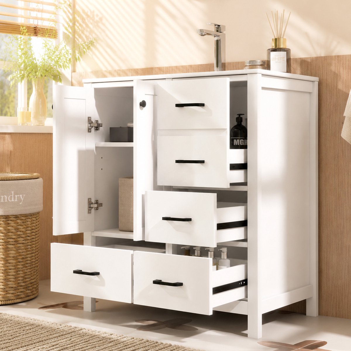 Badkamermeubel 76cm - Wastafelmeubel Met Keramische Waskom - Wit Met 4 Laden