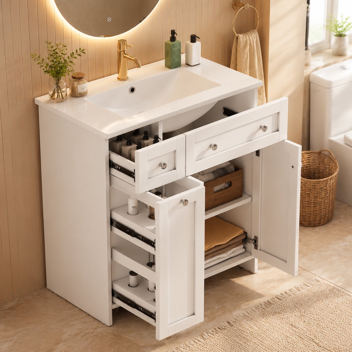 Badkamermeubel Met Wastafel 76x47x86 cm - Moderne Badkamerkast Met Keramische Waskom, 3 Laden, Soft Close, Stil Sluitende Lades, Wit MDF Meubel
