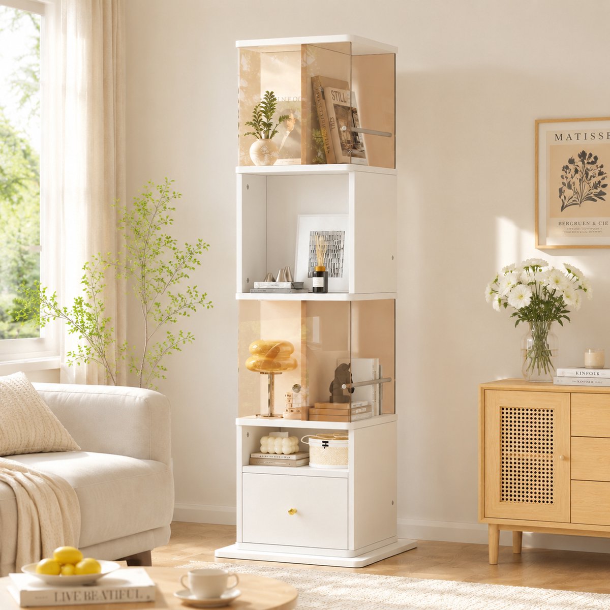 Draaibare Vitrine - Design Woonkamermeubel - Glas MDF - Bruin/ Wit - 50x50x160 cm