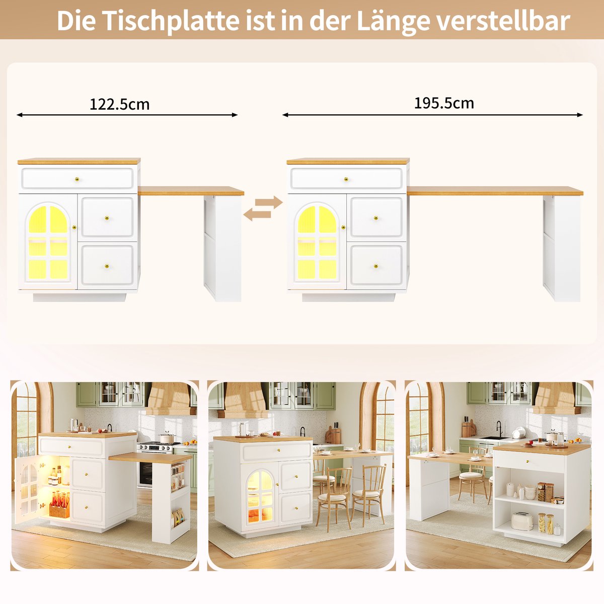 Kookeiland met Uitwisbare LED Verlichting - White - 122,5-195,5 cm Lengte