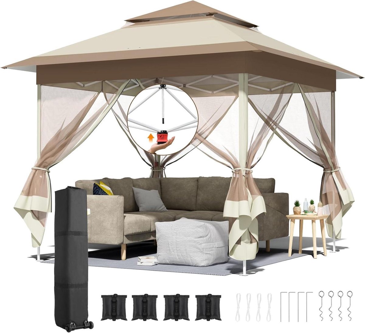 Pop-up Feesttent - Partytent Gazebo - Buitenfeest Organiseren - Met Horren - 3.3 x 3.3 Meter - Khaki Bruin
