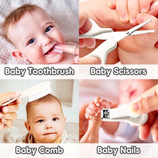 Veiligheidsverzorgingsset voor baby's, met haarborstel, kam, nagelknipper voor babybenodigdheden, set voor pasgeboren meisjes, jongens (grijs wit) — afbeelding 2
