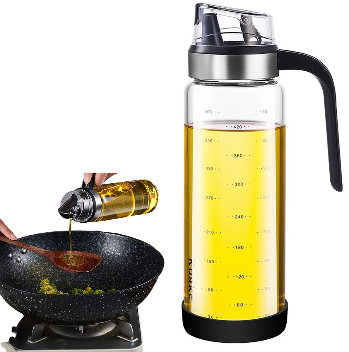 MIVRAY Olie- & Azijnstellen - Glazen Oliekan 550ml - Keuken Oliedispenser met Deksel - Olie- en Azijnfles Glas - Automatische Oliekan - Transparant