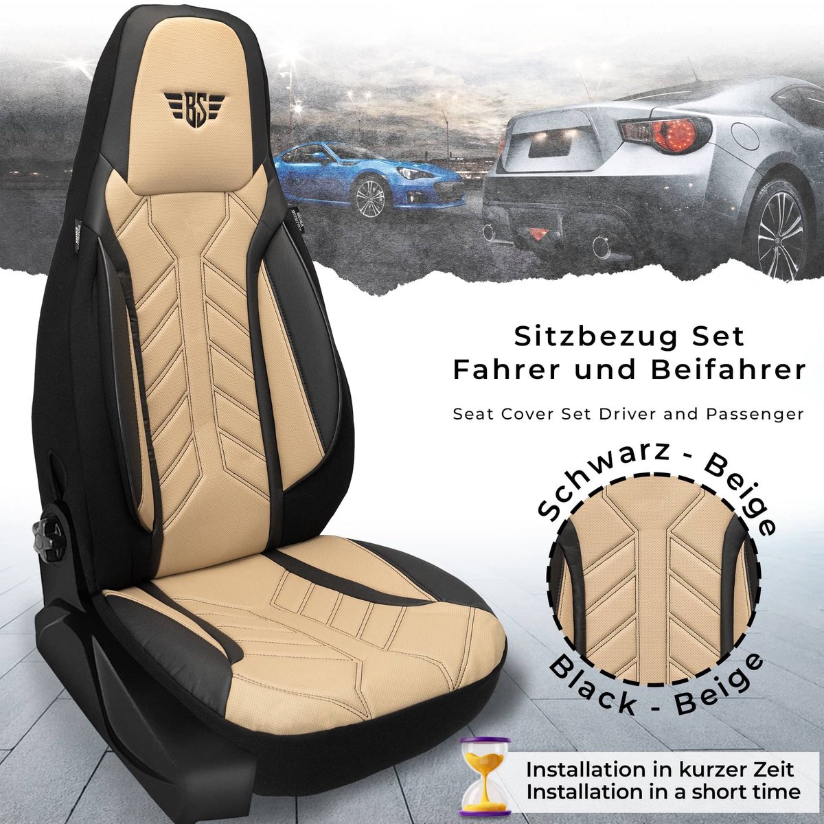 Autostoelhoezen voor Citroen DS Bj 2011-19 – Stoelhoezen voor bestuurder en passagier in Zwart/Beige