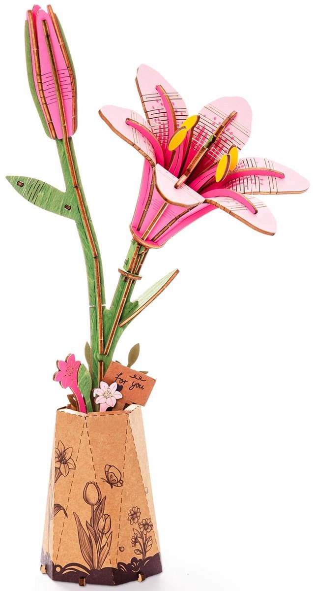 Casalora 3D Houten Bloemen Puzzel/Bouwsteentjes Volwassenen - DIY Bouwpakket voor Volwassenen - Decoratieve Roze Lelie - Creatief Cadeau voor Vrouwen en Mannen