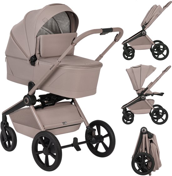 Poussette beige avec nacelle. Quatre vues montrent la poussette, avec et sans capote, et pliée.