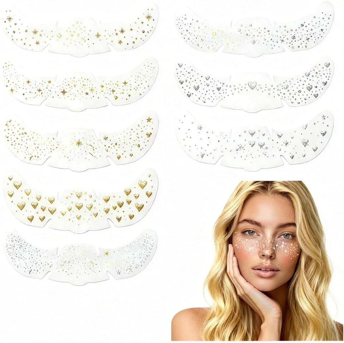 8 stuks goud-zilveren gezichtstatoeage, glitter, sproeten, tattoo, fonkelende glitterpatches, waterdichte tijdelijke tatoeage, stippen, voor vrouwen, festival, party, rave, make-up, stickers