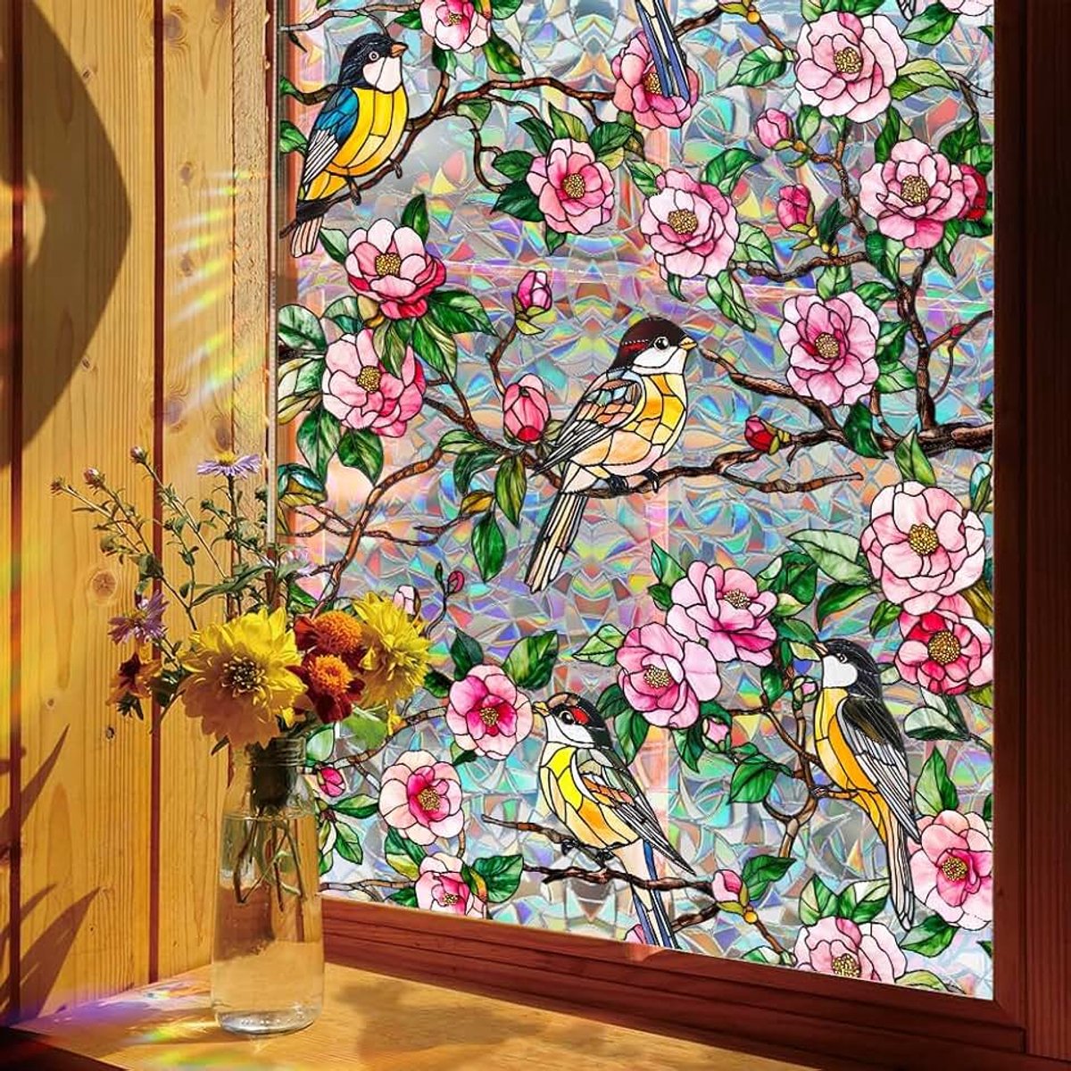 Raamfolie, privacyfolie, regenboog, vogel op boom, tak, bloemen, raam, klampt zich vast 3D decoratief vinyl glas in lood roos pioen bloemenstickers statische sticker niet-klevend, 43,2 x 101,6