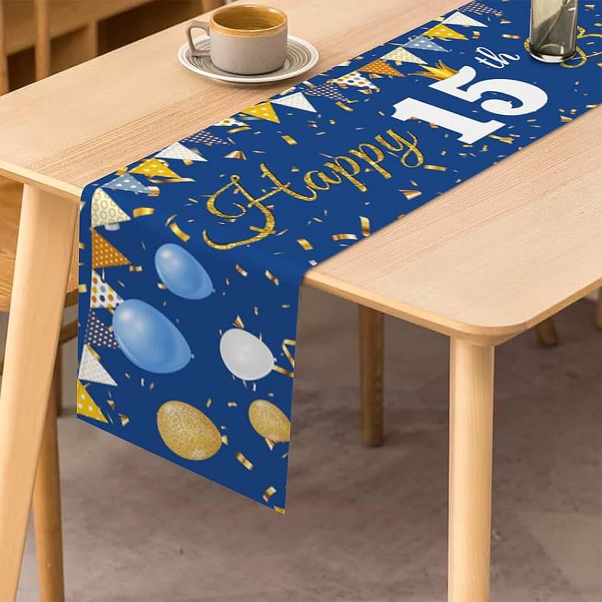 15th Birthday tafelloper 15e verjaardag jongen decoratie keuken eettafel decoratie tafelband verjaardagsfeest tafelkleed decoratie voor thuis, blauw