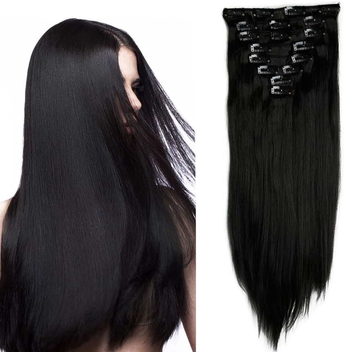 Clip-in extensies, haarverlenging, steil, 8-delige set, 18 clips, 8 stuks, voor het hele hoofd, net als echt haar, 66 cm, donkerzwart