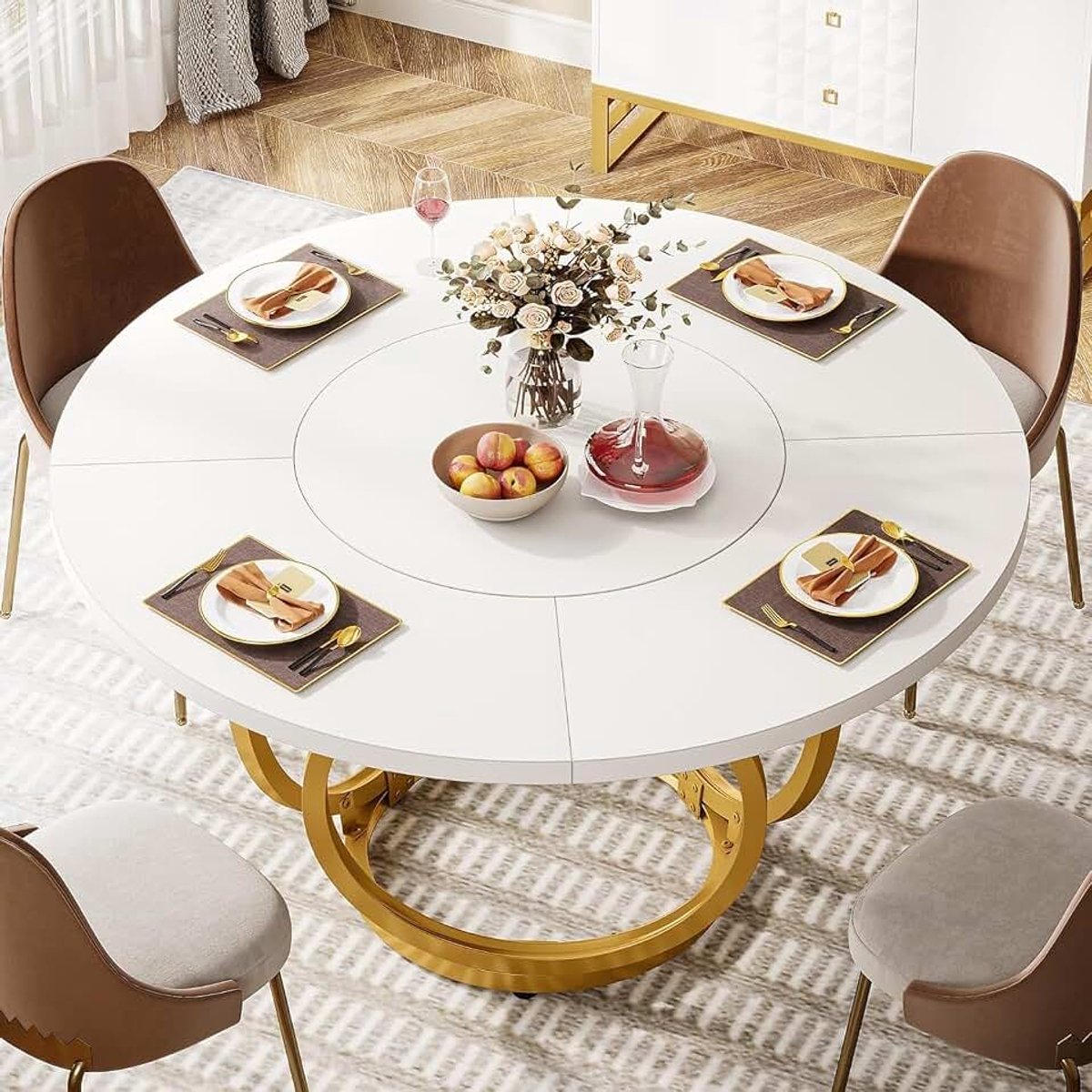 Ronde tafel voor 4 - Witte keukentafel met gouden metalen poot - Lage houten eetkamertafel voor café (120 x 120 cm, Wit en Goud)
