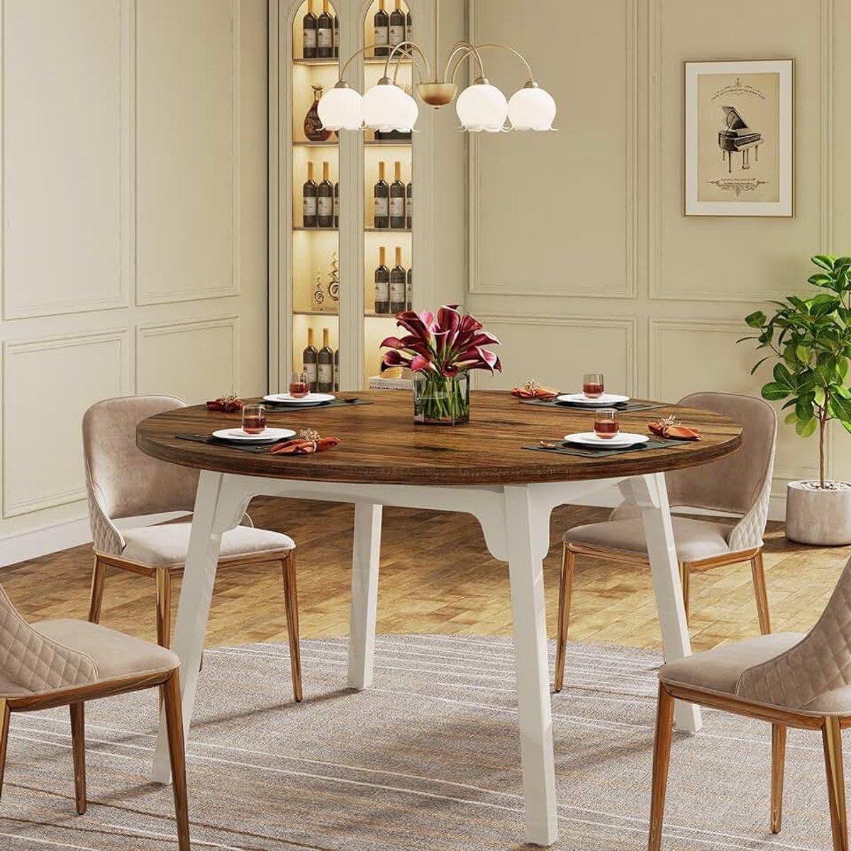 120 cm ronde eettafel voor 4-6 personen, keukentafel met massief houten poten voor woonkamer, keuken, eetkamer, wit en rustiek bruin