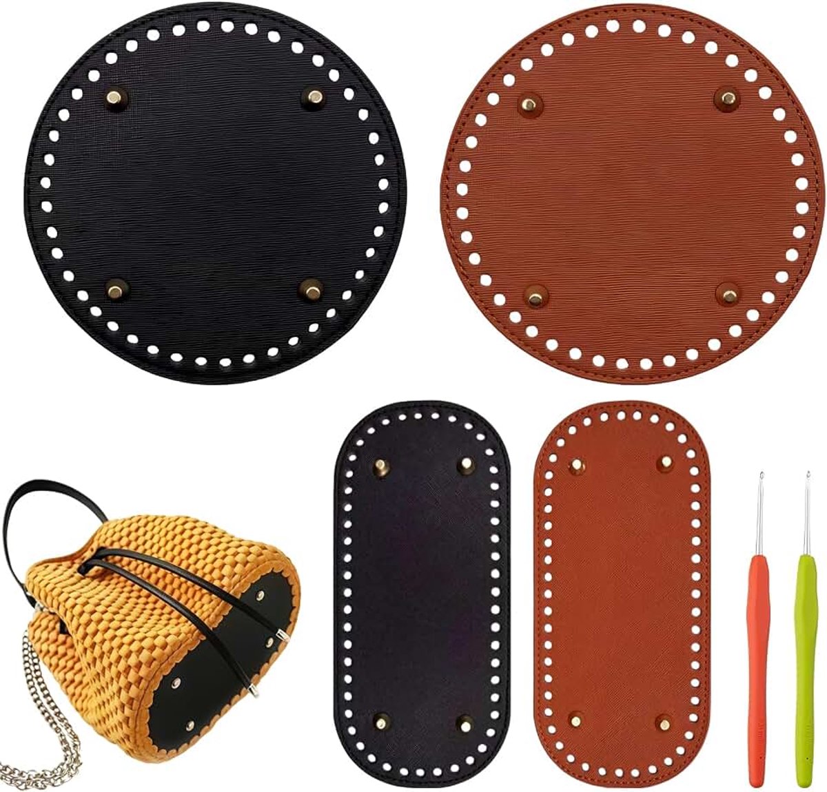 4 Stuks Breien Gehaakte PU Tas Bodem, Zakbasis met Gaten | Leren Bodem voor Tassen, Ronde Basis van PU-leer voor Handtassen, voor Tassen, Haken, Handtas, Schoudertas