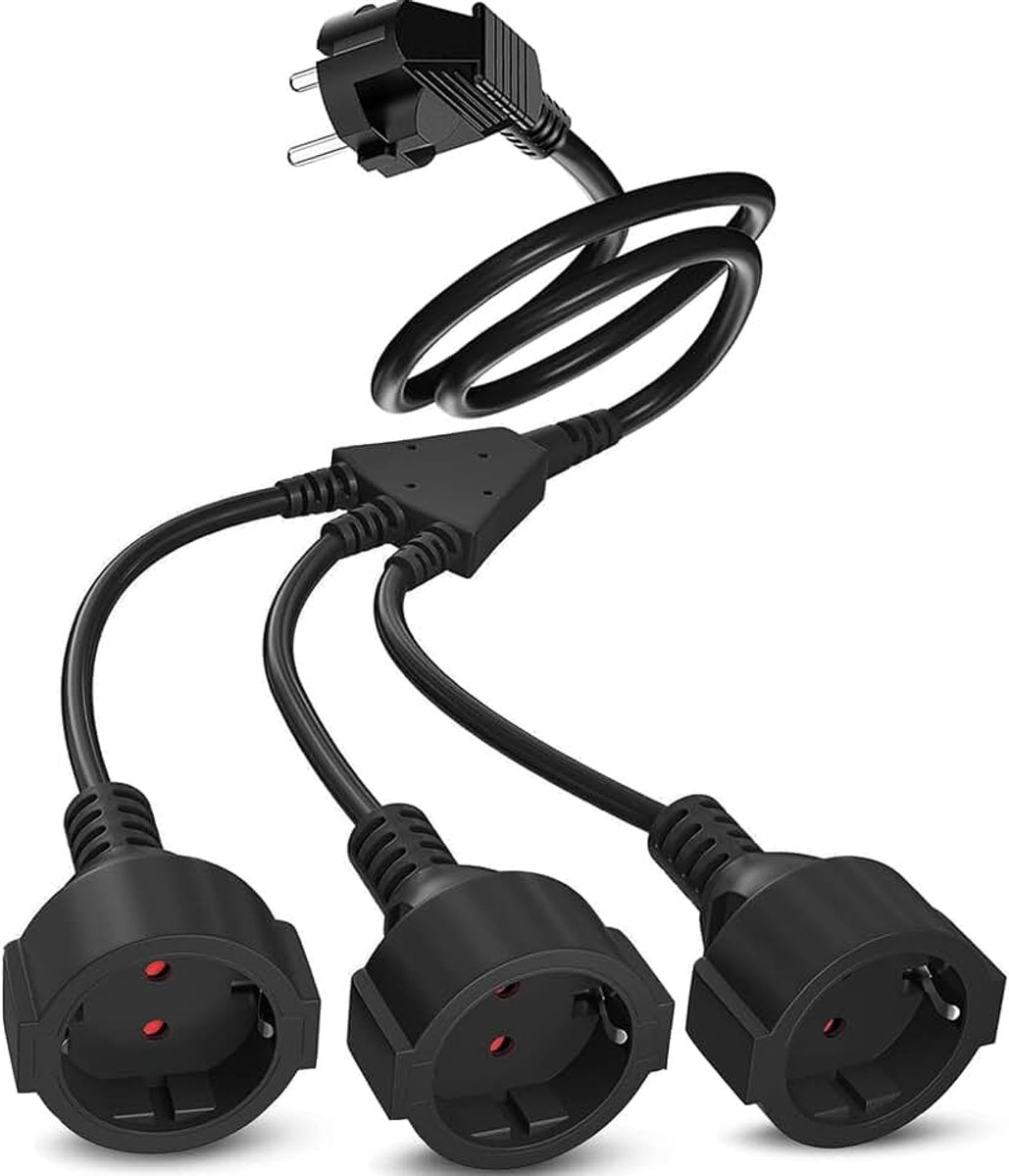 Stopcontact, dubbele stekker voor stopcontact, verlengkabel, 3-voudig, 2 m, Schuko-stopcontacten, stekkeradapter, meervoudig stopcontact, dubbel stopcontact, stopcontact met flexibele