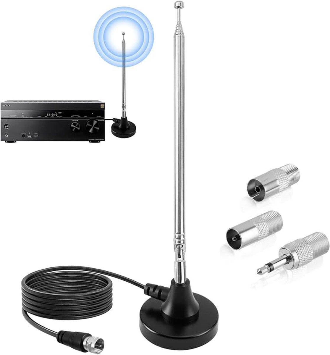 FM-radioantenne, digitale telescopische antenne voor gebruik binnenshuis, met magnetische voet, 3 m verlengkabel, stekker adapter voor DAB antenne, FM-radio, stereo-installatie, radio-ontvanger