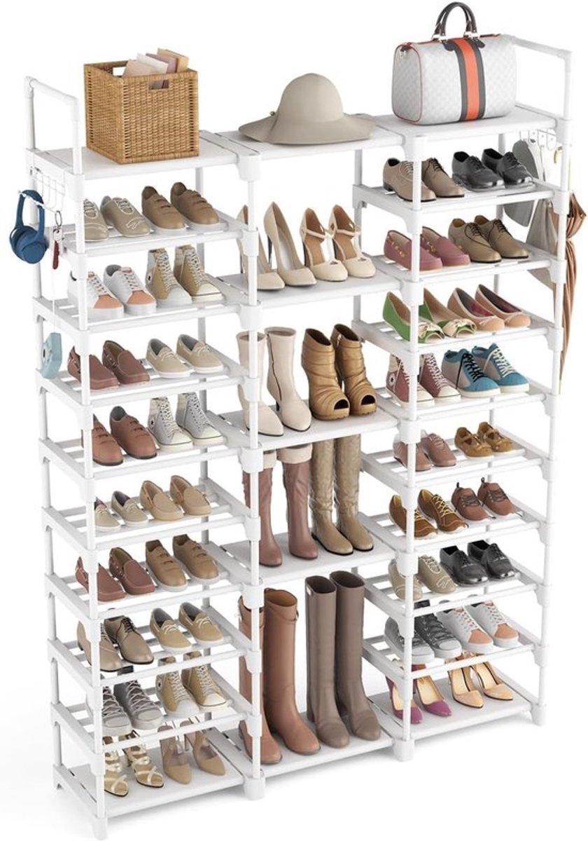 Schoenenrek met 10 niveaus van metaal in wit, ideaal voor het organiseren van schoenen en ruimtebesparing