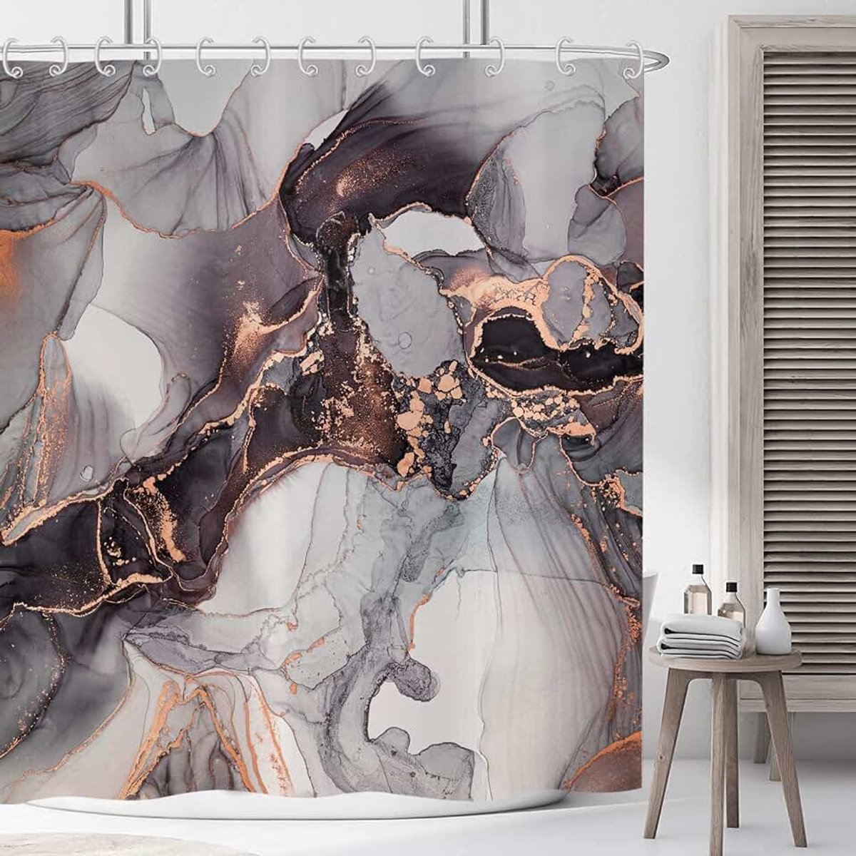 Douchegordijn, marmer, 180 x 220 cm, moderne luxe, licht, grijs, zwart, goud, marmer, optische textuur, wasbaar, badgordijn, textiel, waterdicht, schimmelvrij, voor badkuip met 12 haken